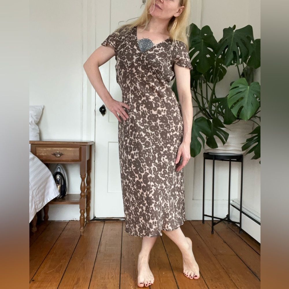 Boden British Brown Midi Dress Viscose Bias Cut Short Sleeve Neutral Dress US 8